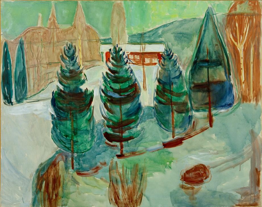 Edvard Munch, Rotes Haus und Tannen II (Bauernhaus,Haus,Jahreszeiten,Künstler,Kunst,Landschaft,Maler (Künstler),Tanne,Winter,Expressionismus,Norwegische Kunst,Skandinavische Kunst)