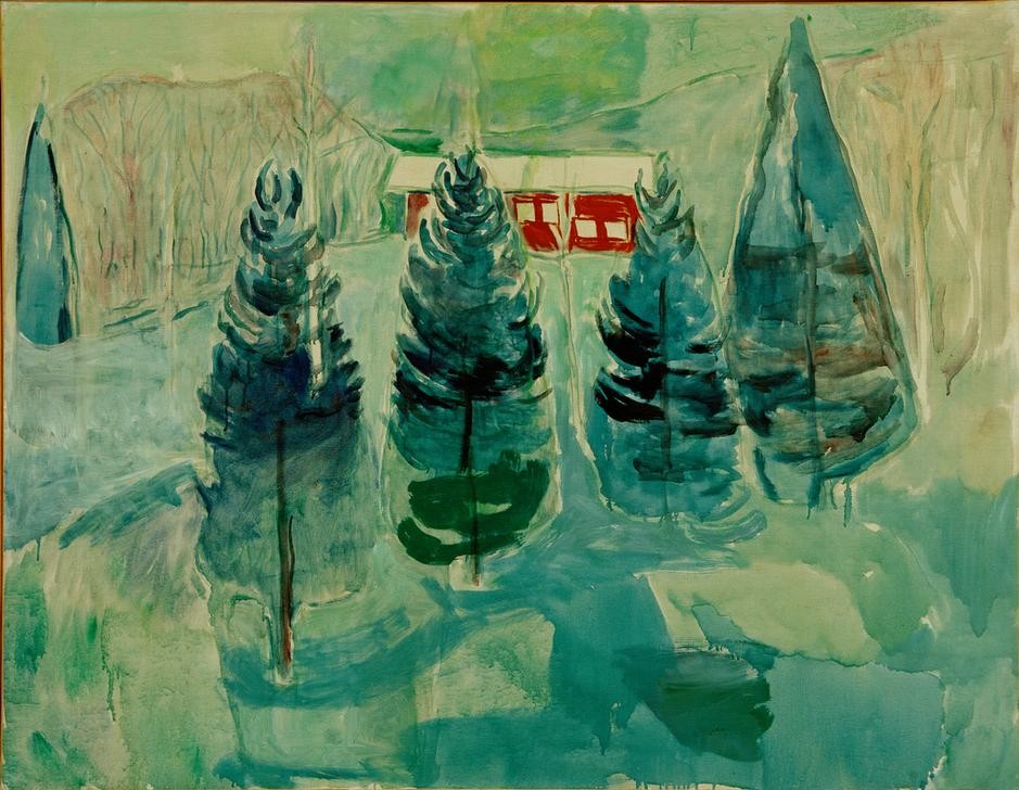 Edvard Munch, Rotes Haus und Tannen I (Bauernhaus,Haus,Jahreszeiten,Künstler,Kunst,Landschaft,Maler (Künstler),Tanne,Winter,Expressionismus,Norwegische Kunst,Skandinavische Kunst)