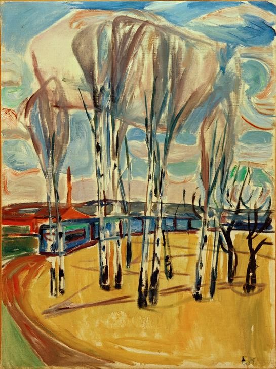 Edvard Munch, Straßenbahnwendestelle bei Sköyen (Kunst,Landschaft,Strassenbahn,Verkehr,Baum,Expressionismus,Norwegische Kunst,Kurve,Skandinavische Kunst,Haltestelle,Schienenverkehr)