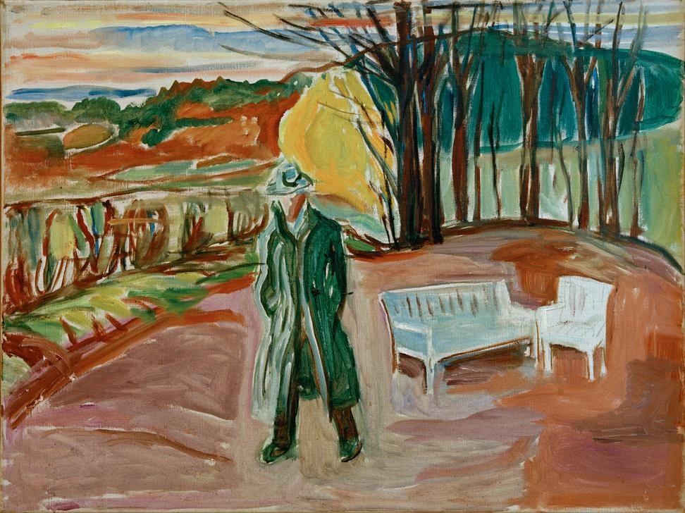 Edvard Munch, Selbstporträt bei der Gartenlaube (Grafiker,Herbst,Jahreszeiten,Künstler,Kunst,Landschaft,Maler (Künstler),Mann,Mensch,Bank (Sitzgelegenheit),Spaziergang,Selbstbildnis,Gartenmöbel,Portrait,Expressionismus,Norwegische Kunst,Menschen Im Garten,Skandinavische Kunst,Ganzfigurig,Garten)