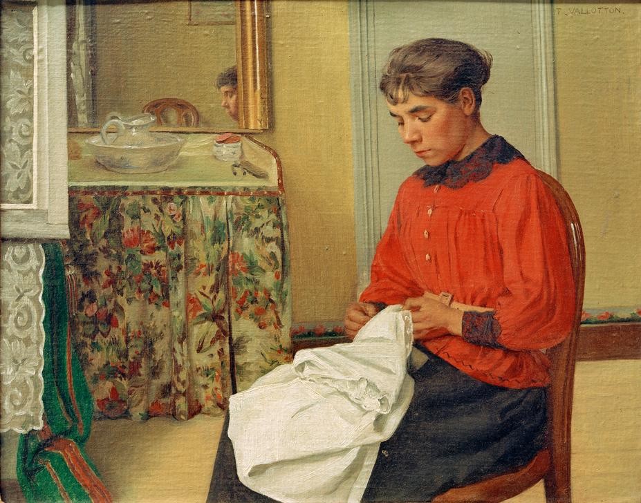 Felix Vallotton, Jeune femme cousant (Damenmode,Fenster,Frau,Handarbeit,Spiegel,Waschgeschirr,Portrait,Nähen,Interieur,Bluse,Französische Kunst,Spiegelbild,Schweizerische Kunst,Vorhang,Spitzenkragen,Frauenleben,Nabis,Junge Frau,Weisswäsche,Konzentration,Fenster (Geöffnet),Waschtisch)