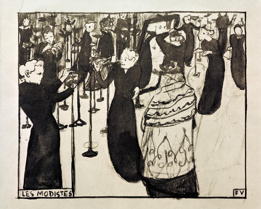 Felix Vallotton, La modiste (Beruf,Damenhut,Damenmode,Frau,Mensch,Mode,Modistin,Hut,Laden,Französische Kunst,Schweizerische Kunst,Kunde,Frauenleben,Hutmacherin,Kundin)