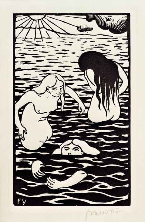 Felix Vallotton, Les trois baigneuses (Körperpflege,Bad Im Freien,Bad,Frau,Jugendstil,Schwimmen,Sonne,Akt,Französische Kunst,Schweizerische Kunst,Sonnenschein)