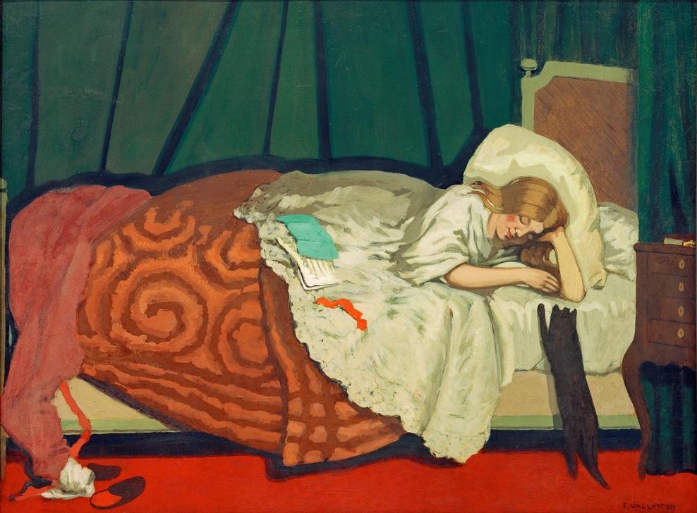 Felix Vallotton, Femme couchée jouant avec un chat (Bett,Frau,Katze (Tier),Mensch,Schlafzimmer,Schweizerische Kunst,Haustier,Frau Und Tier,Frauenleben,Pantoffel,Jahrhundertwende,Schwarze Katze,Hausschuh,Bettdecke)