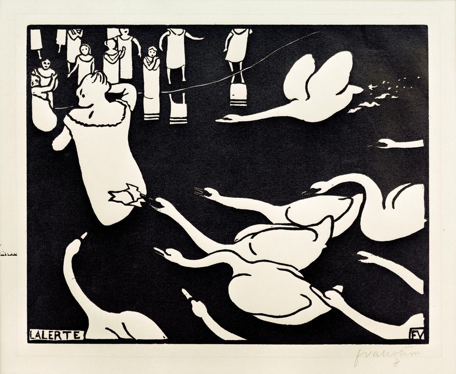 Felix Vallotton, L’alerte (Bad Im Freien,Bad,Frau,Vogel,Zoologie,Schwan (Tier),See,Kampf Zwischen Mensch Und Tier,Französische Kunst,Schweizerische Kunst,Beissen,Frau Und Tier,Frauenleben,Zuschauer,Wasservogel,Kleidung (Zerrissene))