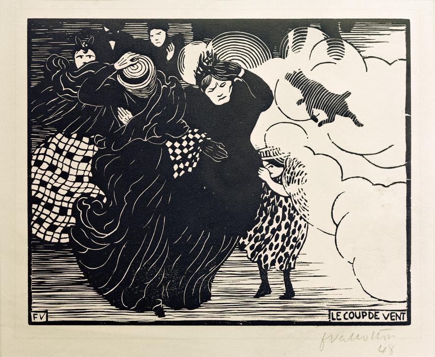 Felix Vallotton, Le coup de vent (Frau,Kind,Mädchen,Meteorologie,Verkehr,Wetter,Wind,Französische Kunst,Fussgänger,Schweizerische Kunst,Frauenleben,Staub,Sturm)