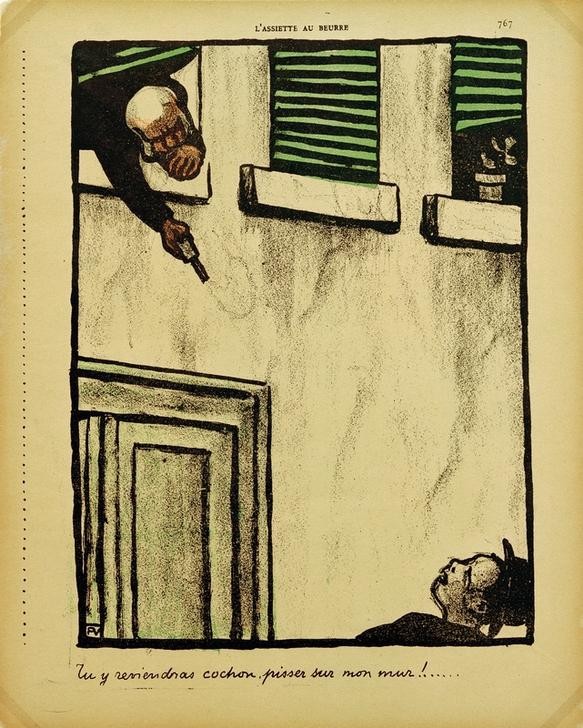 Felix Vallotton, Tu y reviendras, cochon, pisser sur mon mur (Erschiessen,Karikatur,Recht,Schiessen,Pistole,Französische Kunst,Schweizerische Kunst,Gesellschaftskritik,Jahrhundertwende,Straftat,Selbstjustiz,Aus Dem Fenster Sehen)