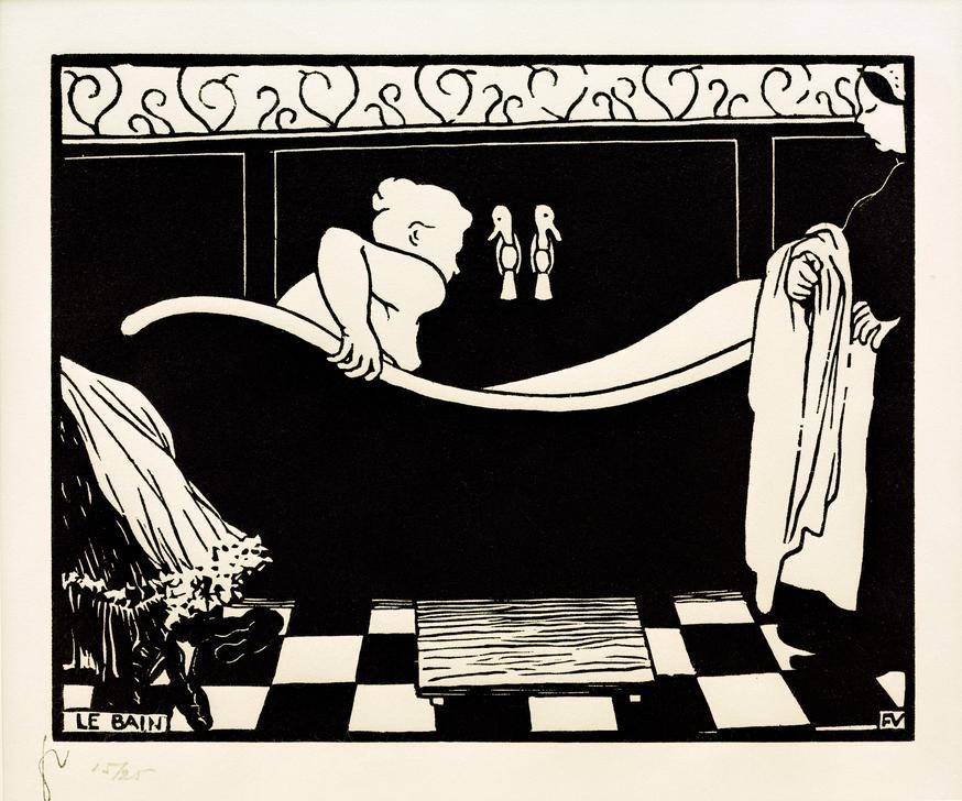 Felix Vallotton, Le bain (Körperpflege,Bad,Dienstboten,Frau,Wannenbad,Französische Kunst,Schweizerische Kunst,Badezimmer,Handtuch,Dienerin,Frauenleben,Badewanne)