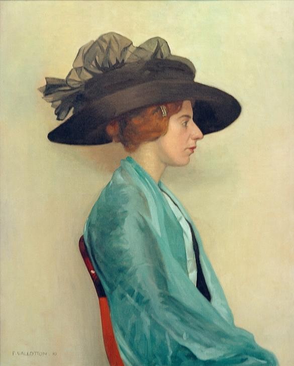 Felix Vallotton, Jeune femme au chapeau noir (Damenhut,Damenmode,Frau,Mensch,Mode,Hut,Portrait,Schultertuch,Französische Kunst,Schweizerische Kunst,Stuhl,Profil,Nabis,Sitzen,Junge Frau,Nase,Halbfigur,Tuch)