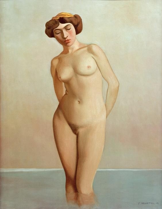 Felix Vallotton, Baigneuse dans l’eau (Körperpflege,Bad Im Freien,Bad,Frau,Akt,Französische Kunst,Schweizerische Kunst,Nabis,Kniestück,Mütze)