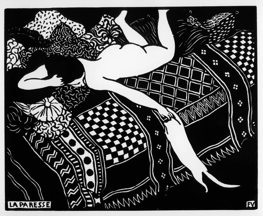 Felix Vallotton, La paresse (Bett,Frau,Katze (Tier),Akt,Kissen,Tierliebe,Französische Kunst,Schweizerische Kunst,Trägheit,Haustier,Frau Und Tier,Liegen,Auf Dem Bauch Liegen)