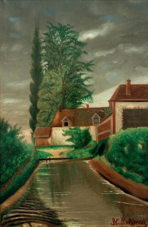 Henri Rousseau, Die Wassermühle (Landschaft, Mühle, Wassermühle, Fluss, Bäume, Pappel, naive Malerei, Wunschgröße, Wohnzimmer, Treppenhaus, Malerei, klassische Moderne, bunt)