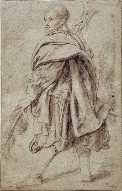 Peter Paul Rubens, Studie eines Hellebardiers (Flämische Kunst,Geschichte,Kunst,Mann,Militär,Soldat,Waffe,Barock,Portrait,Hellebarde,Studie,Niederländische Kunst,Kleidung (Allgemein),Hellebardier,Ganzfigurig,Pluderhose,Umhang,Junger Mann)