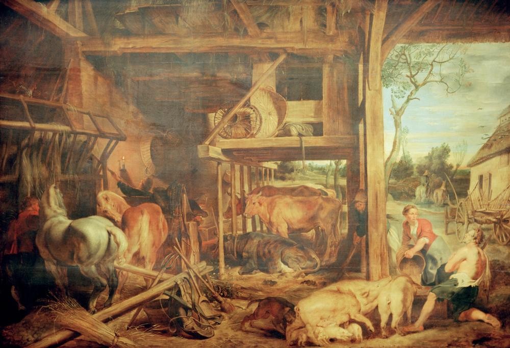 Peter Paul Rubens, Der verlorene Sohn (Bauer (Landwirt),Christentum,Flämische Kunst,Geräte,Kunst,Pferd (Tier),Religion,Rind,Schwein,Barock,Neues Testament,Bibel,Bäuerin,Gleichnis,Stall,Genre,Scheune,Niederländische Kunst,Der Verlorene Sohn,Fütterung,Tierhaltung,Landleben,Schweinezucht,Tier,Lan)