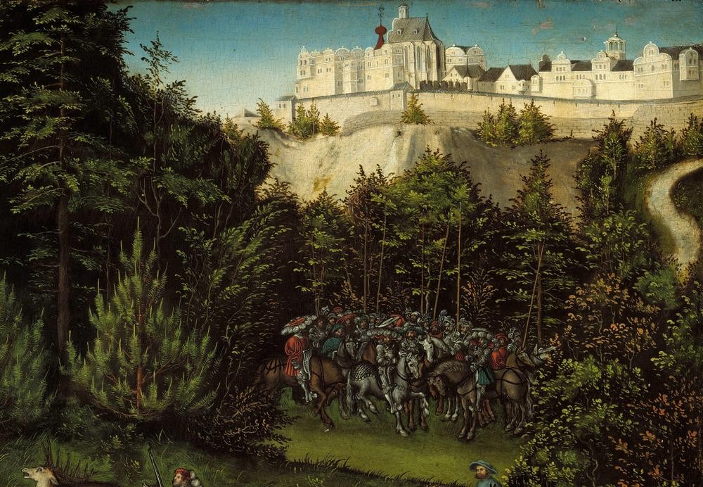 Lucas Cranach der Ältere, Hirschjagd des Kurfürsten Friedrich des Weisen (Burg (Bauwerk),Deutsche Kunst,Jagd,Kurfürst,Kunst,Landschaft,Ritter,Schloss,Wald,Laubwald,Reiter,Renaissance,Vedute,Stadtansicht,Felsen,Reiten,Person)