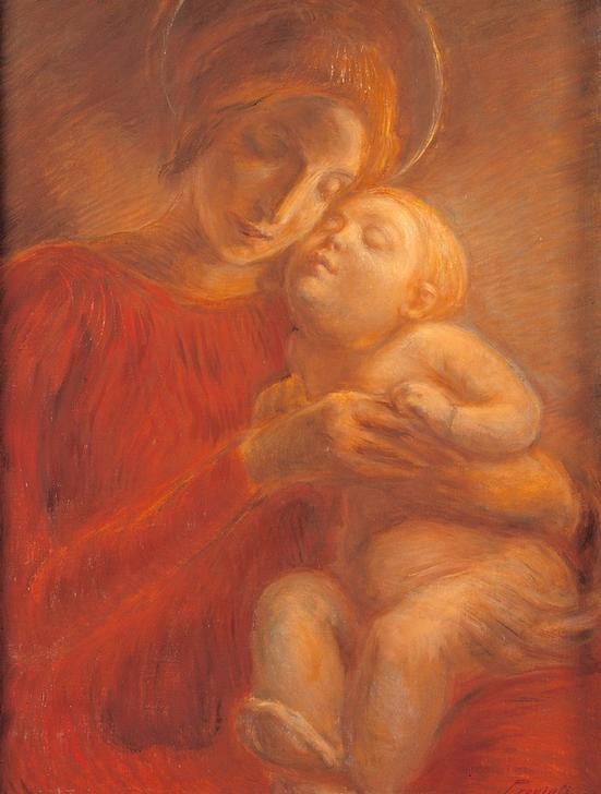 Gaetano Previati, Maria mit Kind (Christentum,Kunst,Religion,Maria Mit Kind,Neues Testament,Bibel,Italienische Kunst,Jesusknabe,Divisionismus,Monochromie,Privatsammlung)