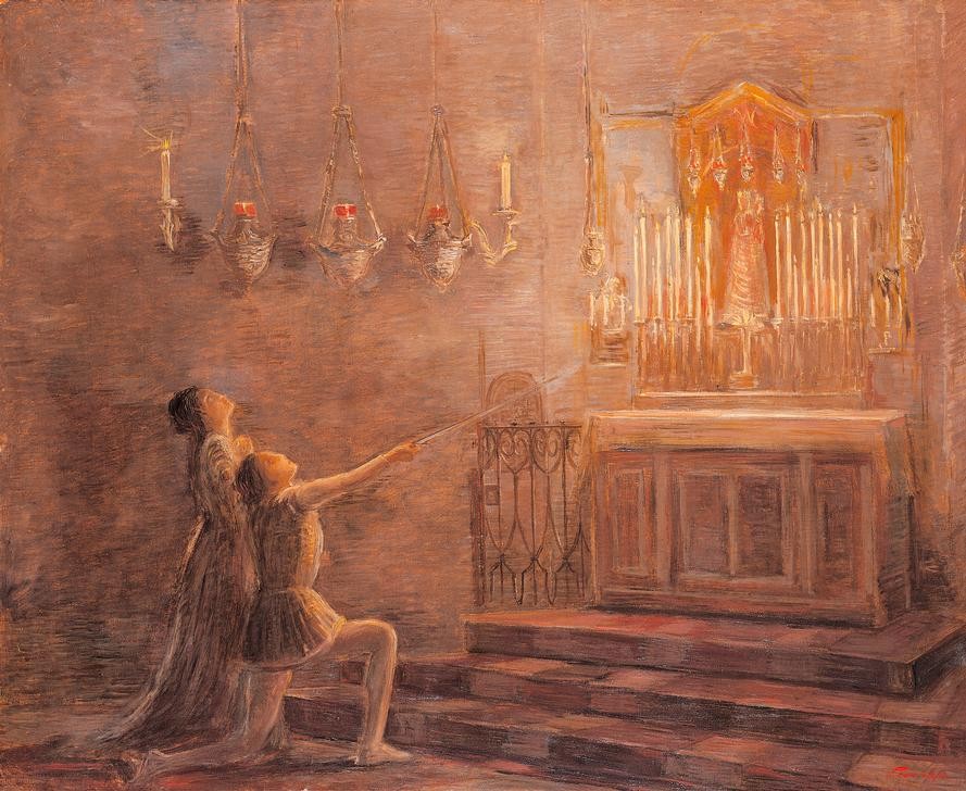 Gaetano Previati, Ugo und Parisina in der Kapelle von Loreto (Kunst,Liebespaar,Musik,Oper,Szene,Theater,Italienische Kunst,Weihe (Ritual),Divisionismus,Privatsammlung,Kapelle (Kirche))