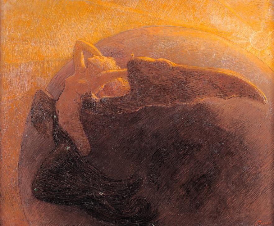 Gaetano Previati, Der Tag erweckt die Nacht (Erwachen,Frau,Jahr Und Kalender,Sonnenuntergang,Sonne,Tageszeiten,Nacht,Allegorie,Italienische Kunst,Halbakt,Wecken (Aufwecken),Divisionismus,Flügel (Schwinge))