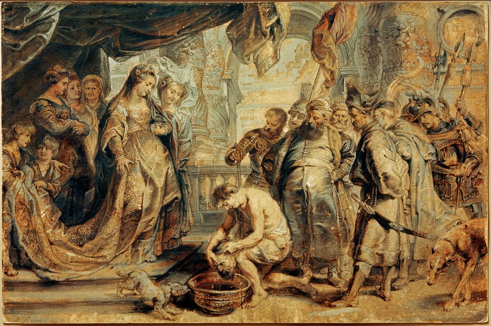 Peter Paul Rubens, Königin Tomyris mit dem Haupt des Cyrus (Blut,Enthaupten,Flämische Kunst,Geschichte,Sage,Königin,König,Kunst,Szene,Tod,Rache,Barock,Legende,Niederländische Kunst,Skythen,Alter Orient,Leichenschändung,Kopf,Privatsammlung)