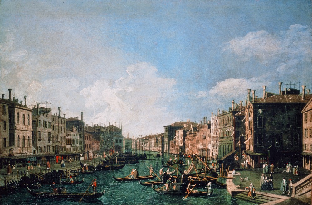 Bernardo Bellotto, Grand Canal from the Rialto Bridge looking towards the Ca'Foscari (Venedig, Städte, Architektur,  Canale Grande, Paläste, Vedute, Stadtansicht, Kanal, Gondeln, historisch, Rokoko, Malerei, Wohnzimmer, Wunschgröße, Klassiker, bunt)