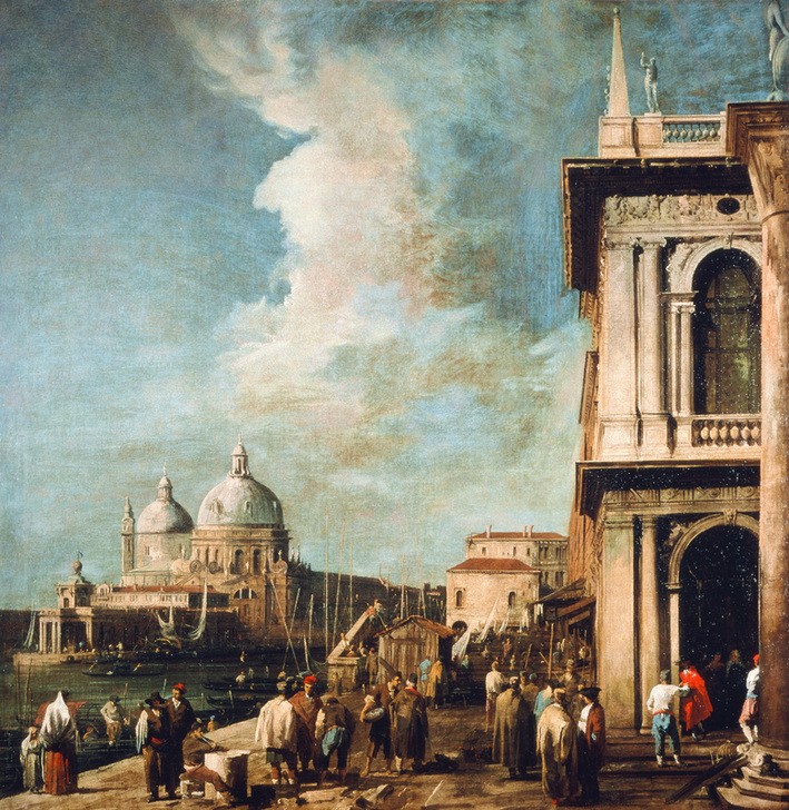 Giovanni Antonio Canaletto, Piazzetta looking towards the Salute (Städte, Venedig, Vedute, Architektur, Piazetta, Säule, Gesellschaft, Santa Maria Salute, Zollgebäude, Punto di dogana, Barock, Klassiker, Wunschgröße, Wohnzimmer)