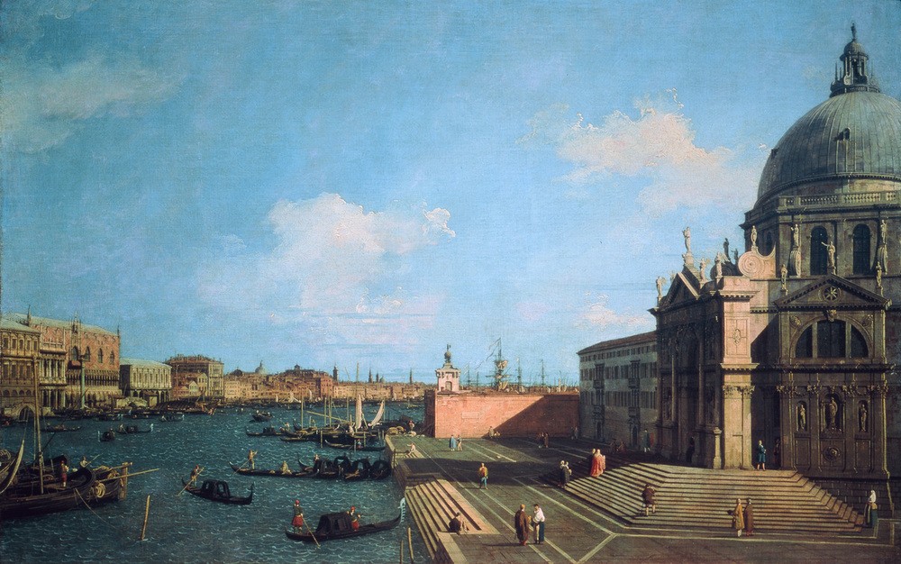 Giovanni Antonio Canaletto, Entrance to the Grand Canal with the Salute (Architektur, Städte, Venedig, Vedute, Architektur, Santa maria della Salute, Kirche, Canal Grande, Lagune, Gondeln,  Barock, Klassiker, Wunschgröße, Wohnzimmer)