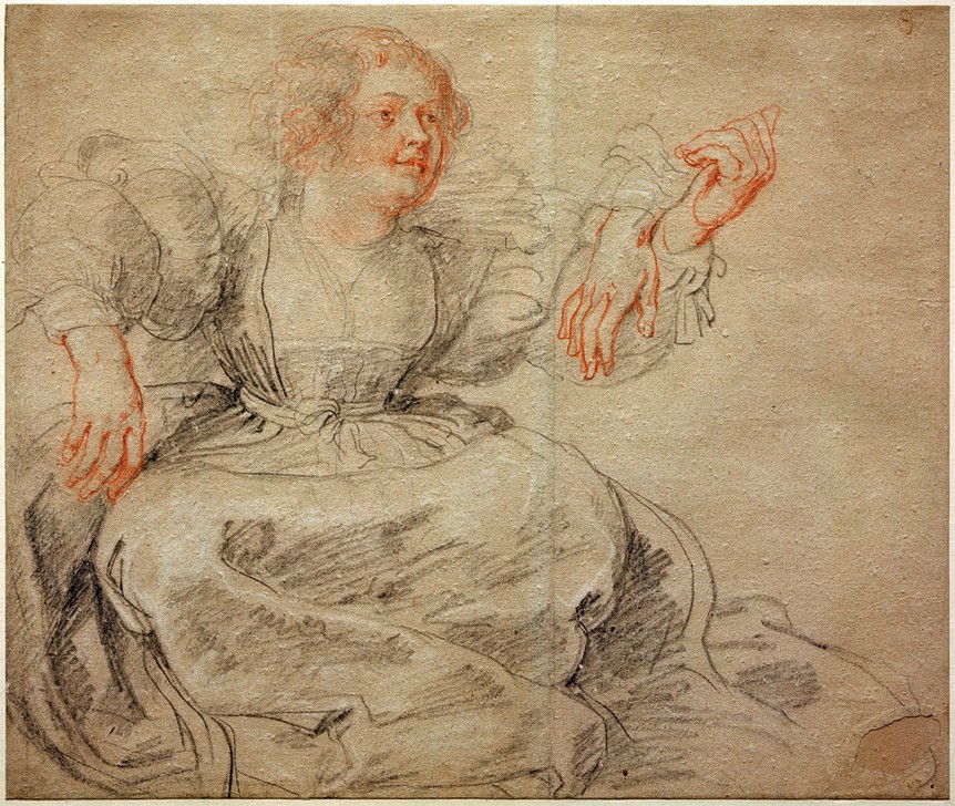 Peter Paul Rubens, Sitzende mit erhobenen Armen (Flämische Kunst,Frau,Kunst,Mensch,Mode,Barock,Portrait,Liebesgarten,Studie,Niederländische Kunst,Kleidung (Allgemein),Sitzen,Puffärmel,Ganzfigurig,Körperhaltung)