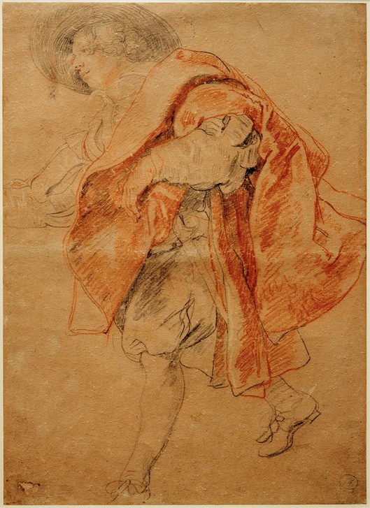 Peter Paul Rubens, Eine Treppe hinabsteigender Jüngling (Flämische Kunst,Kunst,Mann,Mensch,Mode,Barock,Portrait,Liebesgarten,Jüngling,Studie,Niederländische Kunst,Kleidung (Allgemein),Treppensteigen,Ganzfigurig,Pluderhose,Körperhaltung,Bewegung,Umhang,Junger Mann)