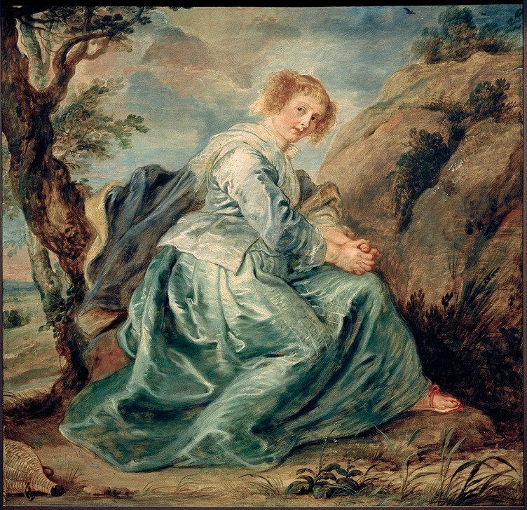 Peter Paul Rubens, Hagar in der Wüste (Damenmode,Flämische Kunst,Frau,Kunst,Landschaft,Mode,Wüste,Barock,Altes Testament,Bibel,Portrait,Niederländische Kunst,Händefalten,Junge Frau,Ganzfigurig,Jüdisch-Christlich,Trinkflasche)
