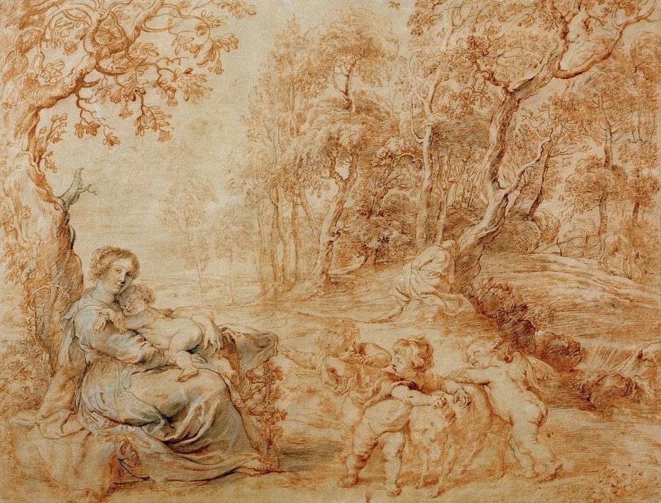 Peter Paul Rubens, Ruhe auf der Flucht (Christentum,Engel,Flämische Kunst,Kind,Kunst,Landschaft,Mutter Und Kind,Religion,Barock,Maria Mit Kind,Neues Testament,Bibel,Putto,Schaf,Ruhe Auf Der Flucht,Flucht Nach Ägypten,Niederländische Kunst,Entwurf,Ausruhen,Kindheit Jesu,Gemeinschaftsbild)