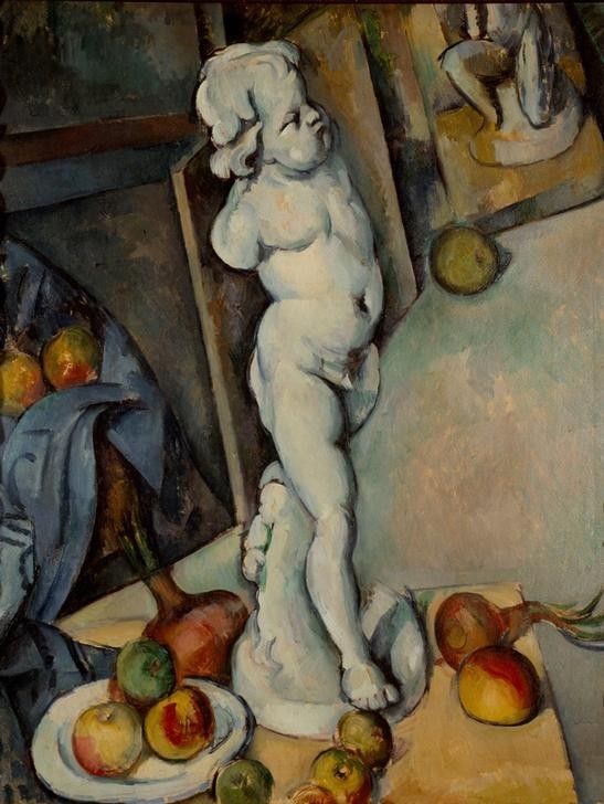Paul Cézanne, L’Amour en platre (Früchte,Gemüse,Kunst,Mythologie,Obst,Impressionismus,Bild Im Bild,Putto,Stillleben,Französische Kunst,Genius,Zwiebel,Jahrhundertwende,Obstteller,Skulptur Im Bild,Griechisch-Römische Mythologie)