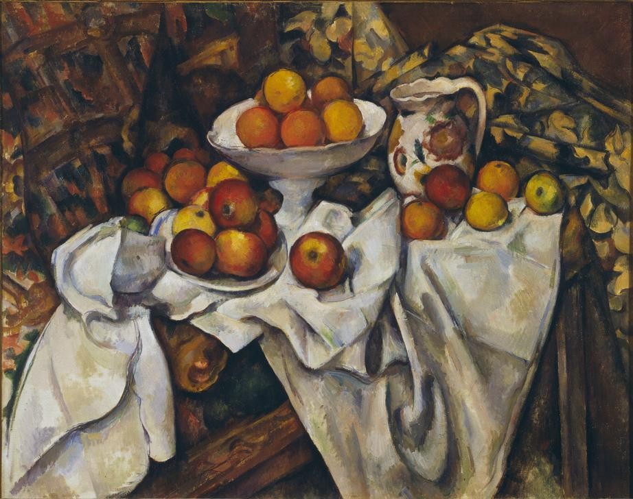 Paul Cézanne, Pommes et oranges (Apfel,Früchte,Kunst,Obst,Impressionismus,Tisch,Stillleben,Tischtuch,Französische Kunst,Obstschale,Jahrhundertwende,Apfelsine,Krug)