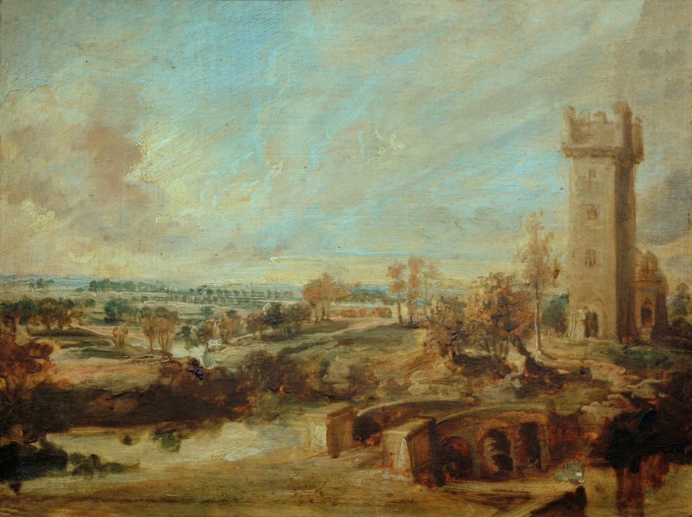 Peter Paul Rubens, Landschaft mit Turm (Brücke,Flämische Kunst,Kunst,Landschaft,Turm,Barock,Niederländische Kunst,Burggraben)