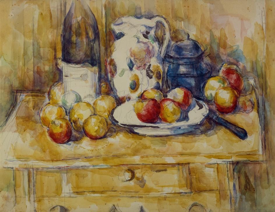 Paul Cézanne, Nature Morte: Pommes sur un dressoir (Apfel,Kunst,Impressionismus,Tisch,Stillleben,Flasche,Französische Kunst,Dose,Jahrhundertwende,Anrichte,Privatsammlung,Krug)