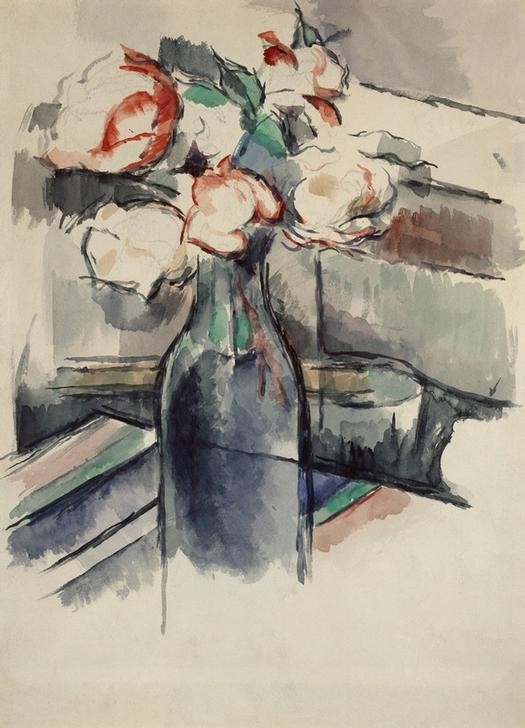 Paul Cézanne, Roses dans une bouteille (Kunst,Rose,Impressionismus,Stillleben,Blumenstrauss,Flasche,Französische Kunst,Blume,Jahrhundertwende,Bleistift,Privatsammlung)