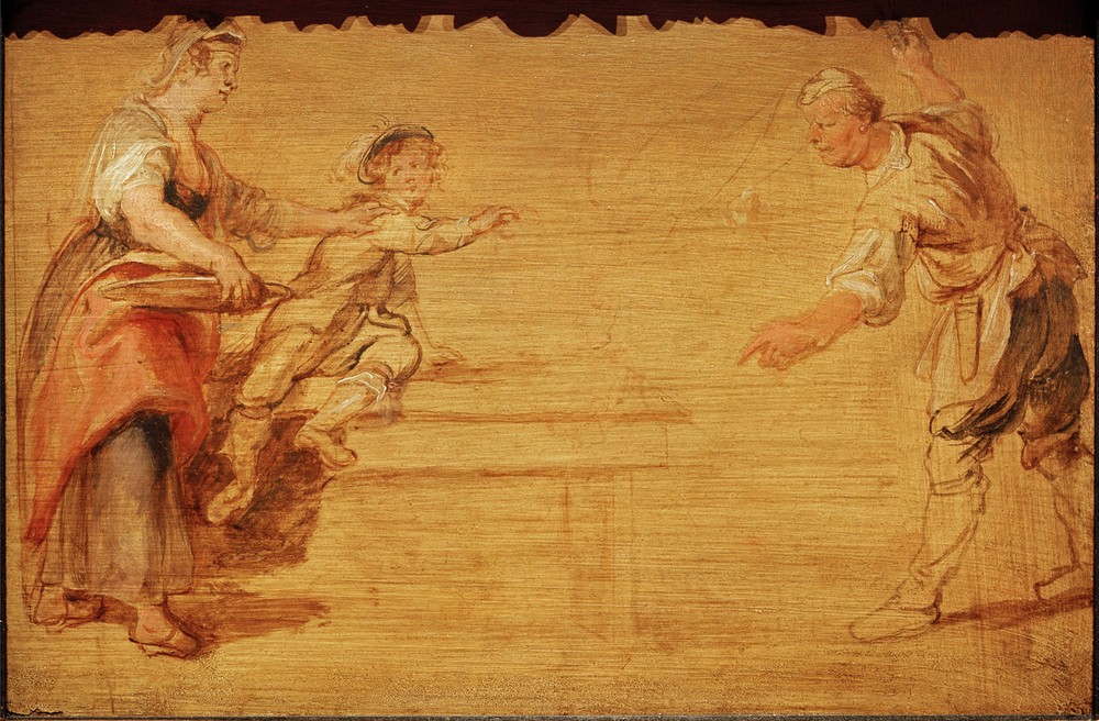 Peter Paul Rubens, Küchenmagd, Koch und Knabe an einem Tisch (Beruf,Dienstboten,Flämische Kunst,Frau,Gesellschaft,Kind,Koch,Kunst,Mann,Barock,Studie,Niederländische Kunst,Knabe,Magd,Küchenmagd,Küchenpersonal)
