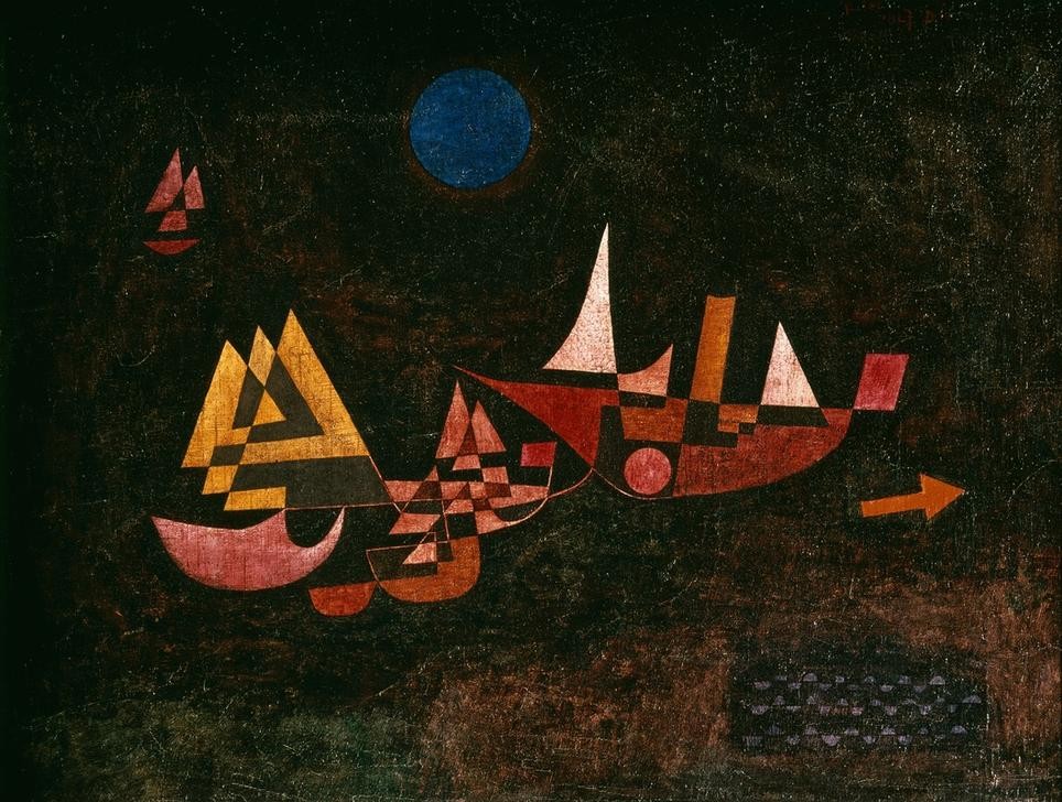 Paul Klee, Abfahrt der Schiffe (Bauhaus,Deutsche Kunst,Geometrie,Pfeil,Schiff,Segelschiff,Meer,Licht,Schweizerische Kunst,Kreis,Blau,Vollmond,Dreieck,Abfahrt,Viereck,Halbkreis,Dunkelheit,Symbolik,Schifffahrt)