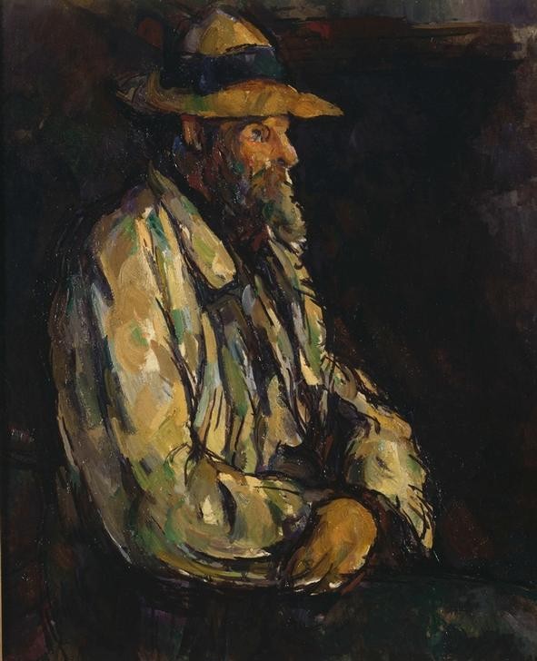 Paul Cézanne, Le Jardinier Vallier (Gärtner,Mann,Mensch,Impressionismus,Hut,Portrait,Kittel,Französische Kunst,Vollbart,Kleidung (Allgemein),Profil,Sitzen,Privatsammlung)