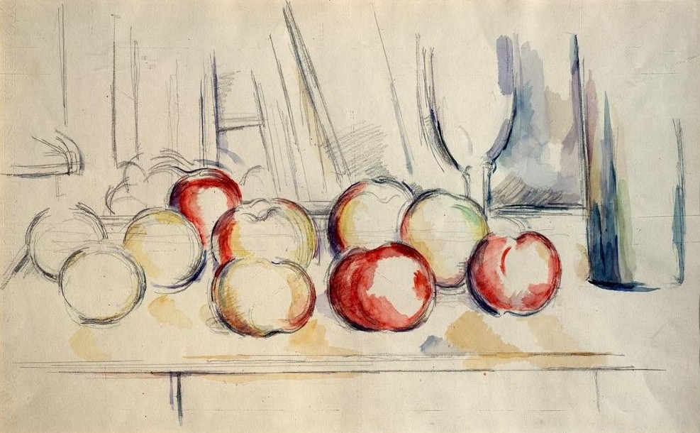 Paul Cézanne, Pommes, bouteille et verre (Apfel,Glas,Kunst,Obst,Impressionismus,Stillleben,Französische Kunst,Jahrhundertwende)