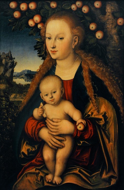 Lucas Cranach der Ältere, The Virgin and the Child under an apple-tree (Apfel,Baby,Brot,Christentum,Frau,Kind,Kunst,Landschaft,Museum,Obst,Religion,Renaissance,Symbolismus,Maria Mit Kind,Jungfrau,Baum,Roman,Kopie,Einsiedelei,Sünde,Passion Christi,Nacktheit,Gesicht,Haare (Haar),Kinderleben,Exzentrik,Malen,Allemande,Sühne,Rahme)