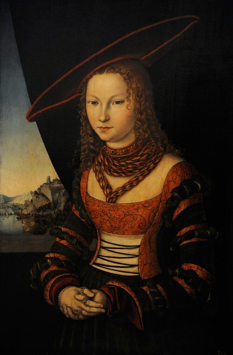 Lucas Cranach der Ältere, Portrait of a Woman, 1526. (Frau,Jugend (Lebensalter),Kunst,Landschaft,Mode,Museum,Ring,Schmuck,Renaissance,Portrait,Talar,Einsiedelei,Gesicht,Eleganz,Haare (Haar),Kragen,Malen,Kinn,Allemande,Kopfschutz)