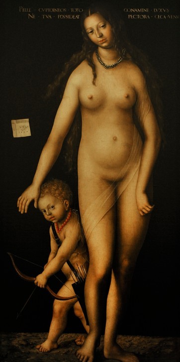 Lucas Cranach der Ältere, Venus and Cupid, 1509 (Frau,Kind,Kunst,Liebe,Museum,Mythologie,Pfeil,Renaissance,Einsiedelei,Nacktheit,Göttin,Figur,Gott,Kragen,Malen,Allemande)