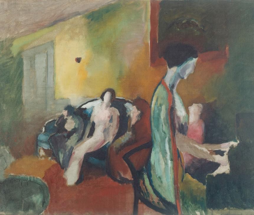 Arthur Beecher Carles, Interieur mit Frau am Klavier (Zimmer, Interieur, Frauen, Hausmusik, Klavierspielerin, Pianistin, Expressionismus, klassische Moderne, Wunschgröße, Wohnzimmer,)
