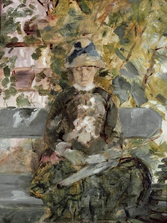 Henri de Toulouse-Lautrec, Madame la comtesse Adèle de Toulouse– Lautrec (Buch,Frau,Jugendstil,Bank (Sitzgelegenheit),Impressionismus,Hut,Portrait,Mutter Von Berühmten,Mutter,Adel,Französische Kunst,Im Freien (Allgemein),Menschen Im Garten,Leserin,Sitzen,Person,Schirm)