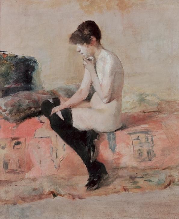Henri de Toulouse-Lautrec, Étude de nu. Femme assise sur un divan (Frau,Kunst,Akt,Französische Kunst,Erotische Kunst,Aktstudie,Damenstrumpf,Sitzen)