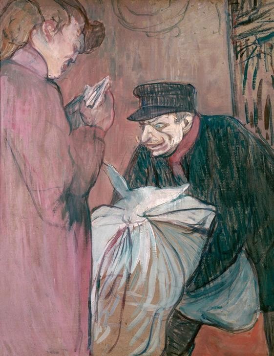 Henri de Toulouse-Lautrec, Le blanchisseur de la maison (Dienstmann,Kurtisane,Jugendstil,Kunst,Prostitution,Gier,Libido,Prostituierte,Wäscherei,Französische Kunst,Sexualität,Wäsche,Bettwäsche,Bordell,Jahrhundertwende,Dienstleistung,Wäscher,Wäscherin,Reinigung,Schaulust,Gewerbe)