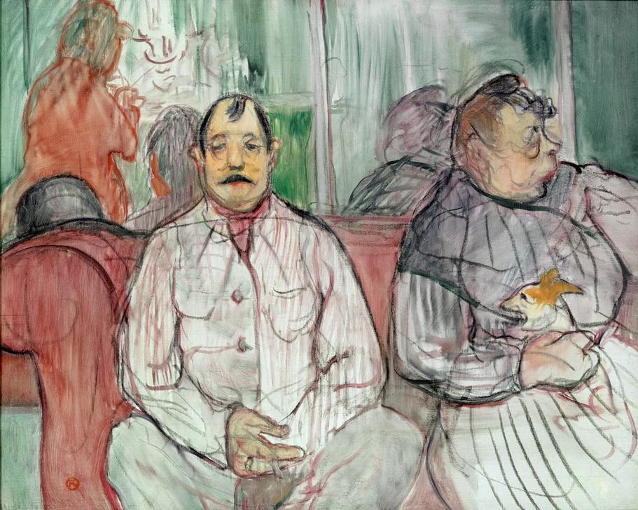Henri de Toulouse-Lautrec, Monsieur, Madame et le chien (Ehepaar,Erotik,Familie,Jugendstil,Kunst,Prostitution,Gastwirt,Hund,Französische Kunst,Schosshund,Sexualität,Paar,Kleidung (Allgemein),Fin De Siecle,Bordell,Tier,Zuhälter,Gastwirtin)