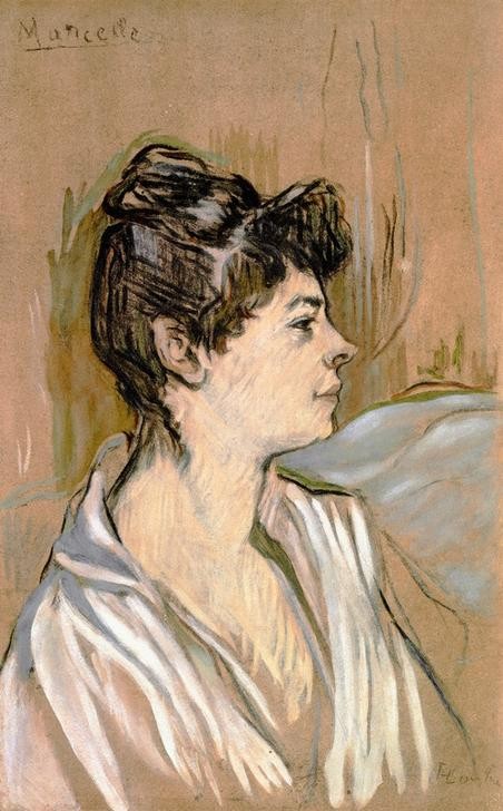 Henri de Toulouse-Lautrec, Marcelle (Frau,Jugendstil,Kunst,Mensch,Prostitution,Prostituierte,Portrait,Französische Kunst,Fin De Siecle,Halbwelt,Brustbild,Frisur)