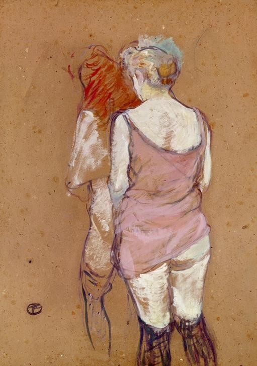 Henri de Toulouse-Lautrec, Deux femmes deminues de dos, maison de la rue des Moulins (Erotik,Frau,Kunst,Prostitution,Unterwäsche (Damen),Akt,Prostituierte,Rückenfigur,Französische Kunst,Aktstudie,Unterhemd,Sexualität,Halbakt,Frauenleben,Bordell,Halbwelt,Damenstrumpf,Kniestrümpfe)