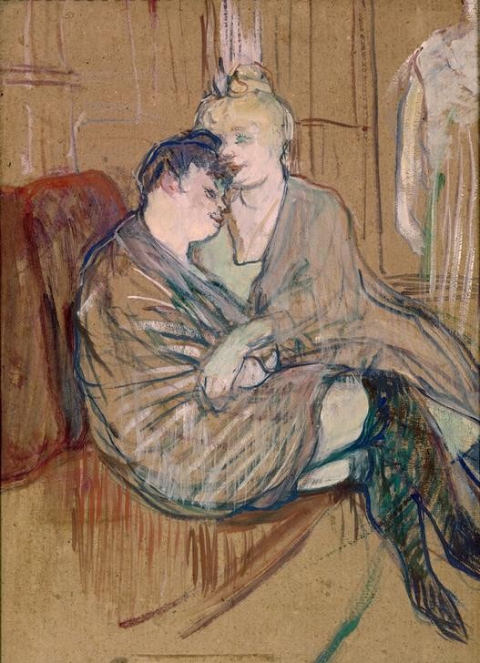 Henri de Toulouse-Lautrec, Les deux amies (Erotik,Frau,Freundschaft (Allgemein),Gesellschaft,Jugendstil,Kunst,Prostitution,Lesbische Liebe,Homosexualität,Prostituierte,Langeweile,Französische Kunst,Erotische Kunst,Sexualität,Zärtlichkeit,Frauenleben,Bordell,Halbwelt,Jahrhundertwende,Freundin)
